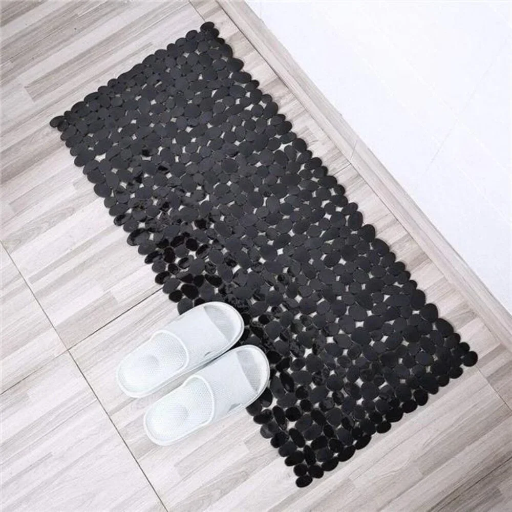 Non Slip Pebble Bathtub Mat Black Shower Mat Suction Cups Drain Holes PVC Bath